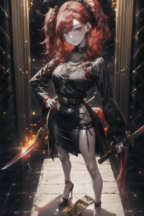 : ((((Picture of a 5 ft 7 inches tall girl with pale skin and long fiery red hair)), 1girl, standing, posing, ((checking her sword)), (( relaxed), casual outfit)), high heels, red hair in two pigtails, ((full frontal pose)), facing slightly off to the view...