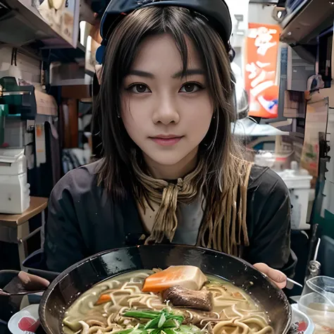 8K, ultra detailed, (realistic:1.2), masterpiece, 40yo, (ramen:1.4), BREAK, A woman wearing a black polo shirts and a white bandana on his head, (muscular, fat:1.0), BREAK Ramen restaurant,(smile:1.3), BREAK (ramen is nearly by the man:1.4)