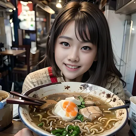 8K, ultra detailed, (realistic:1.2), masterpiece, 40yo, (ramen:1.4), BREAK, A woman wearing a cardigan, (muscular, fat:1.0), BREAK Ramen restaurant,(smile:1.3), BREAK (ramen is nearly by the woman:1.2),(laugh:1.4)