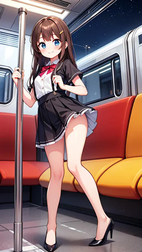 {Highest quality], [Super beautiful], [Ultra fine], [Best illustration], NSFW,Brown Hair, Hime cut, Long Hair, With bangs, girl, OL,smile, blush, Slender women,Short sleeve,Long straight skirt, Adult women,Strike a Pose,Inside the train at night,diagonal, ...