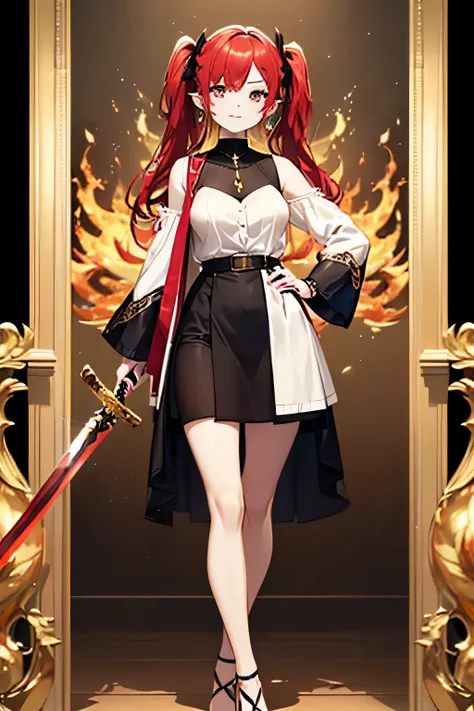 : ((((Picture of a 5 ft 7 inches tall girl with pale skin and long fiery red hair)), 1girl, standing, posing, ((checking her sword)), (( relaxed), casual outfit)), high heels, red hair in two pigtails, ((full frontal pose)), facing slightly off to the view...