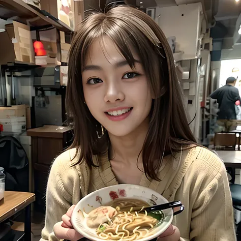 
8K, ultra detailed, (realistic:1.2), masterpiece, 40yo, (ramen:1.4), BREAK, A woman wearing a cardigan, (muscular, fat:1.0), BREAK Ramen restaurant,(smile:1.3), BREAK (ramen is nearly by the woman:1.2),(laugh:1.4)