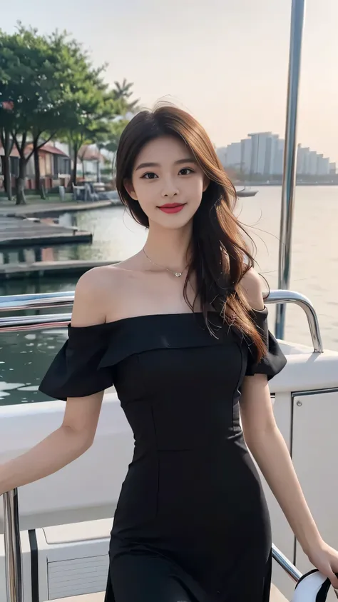 A sweet girl by the yatch luxury at the sea，voluminous hair，Delicate face，Photorealsitic，of a real，largeaperture，wears a black dress luxury，A cropped dress，Off-the-shoulder，A dress around the neck，Slim，smiles，Ultra-high resolution, Blurred background