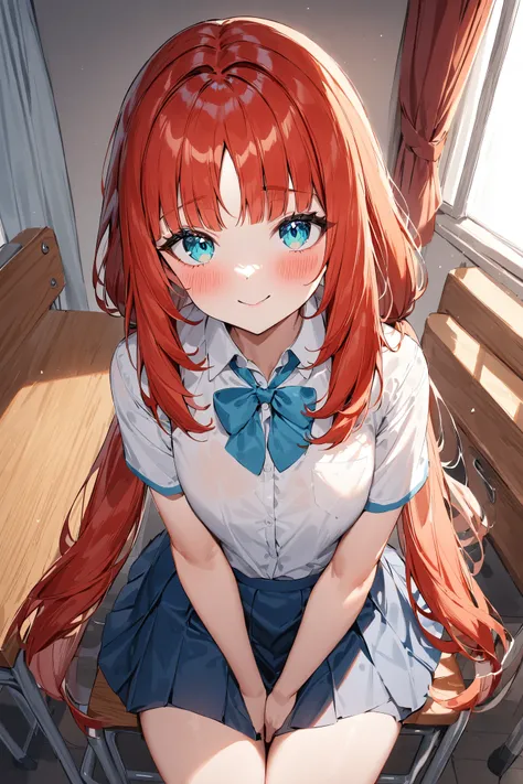 masterpiece,best quality,very aesthetic,absurdres,
nilou (genshin impact),1girl,solo,looking at viewer,window,bangs,school uniform,long hair,sitting,skirt,smile,shirt,red hair,desk,chair,indoors,white shirt,blush,aqua eyes,short sleeves,school desk,blue sk...