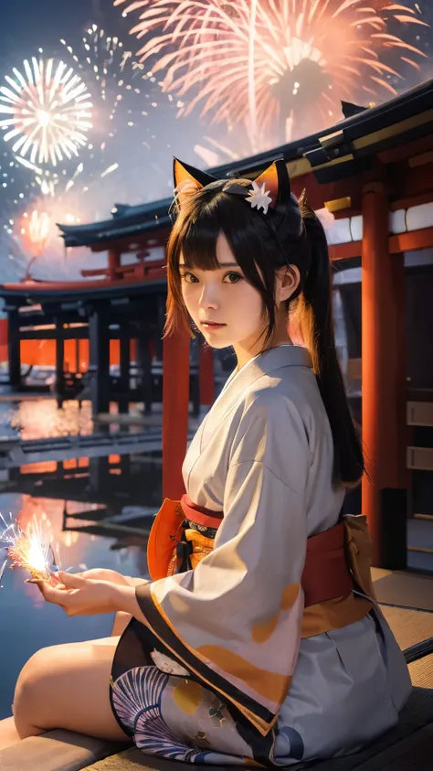 (Japanese idle:1.6), (Cat ears:1.3), yukata, (Fireworks:1.4), Sitting in sunset seashore,