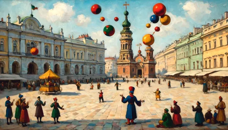 Oil painting on canvas by the artist Vasily Kandinsky, ((jester-juggler)) on the Palace Square of St. Petersburg, the jester (juggling):1.5 multi-colored balls, multi-colored balls rotate around the jester, full compliance with the style of Vasily Kandinsk...