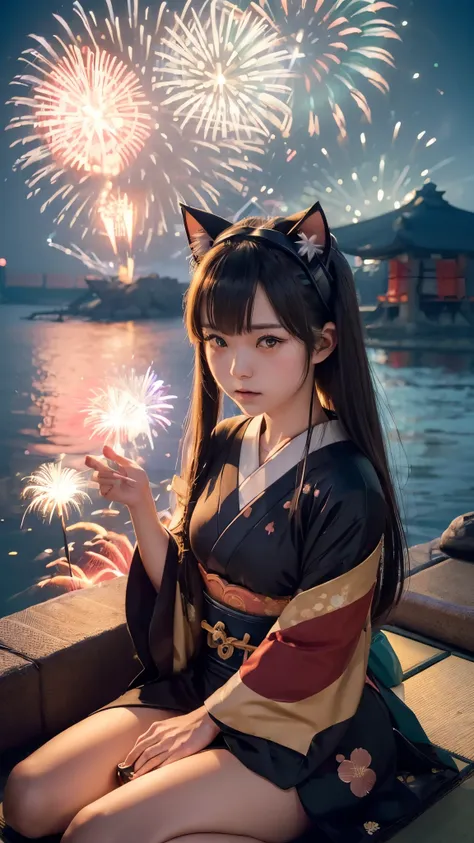 (Japanese idle:1.6), (Cat ears:1.3), yukata, (Fireworks:1.4), Sitting in sunset seashore,