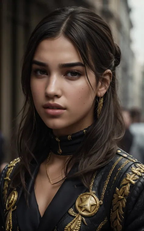 best quality, masterpiece, 4k, absurd res, UHD, ultra-detailed, detailed eyes, detailed skin, detailed hair, detailed face, (face of Dua Lipa:Alicia Vikander), detailed fabric, (1 young beautiful girl, solo:1.1), working class hero, riot in the background,...