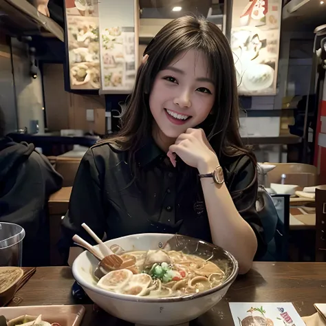 8K, ultra detailed, (realistic:1.2), masterpiece, 30yo, (ramen:1.2), A woman wearing a black polo shirts, Ramen restaurant ,(laugh:1.3), (side by side:1.1)