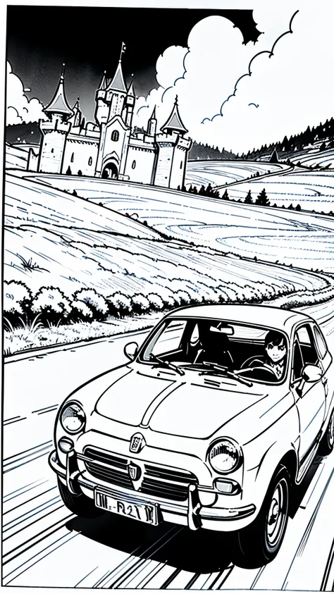 (masterpiece:1.2, Highest quality),(Line art),(Monochrome),(Very detailed),8K,wallpaper,Fiat 500,(driving),(Lupin III),(Castle of Cagliostro),running,Depicting a sense of speed