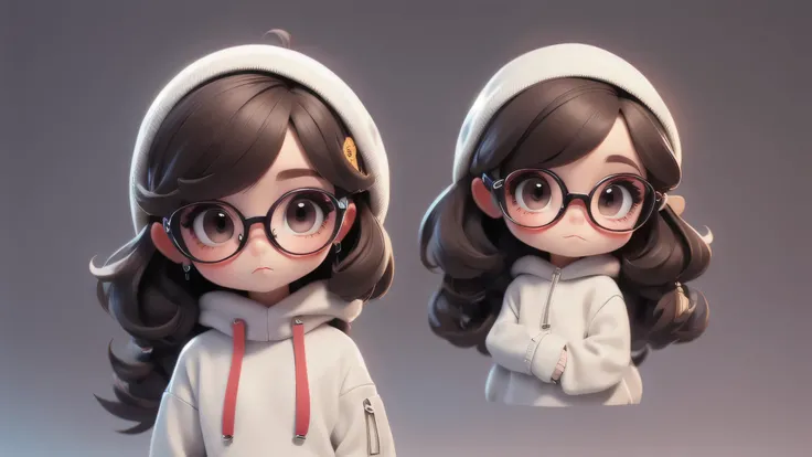 Girl chibi with White pullover, dark brown eyes, glasses