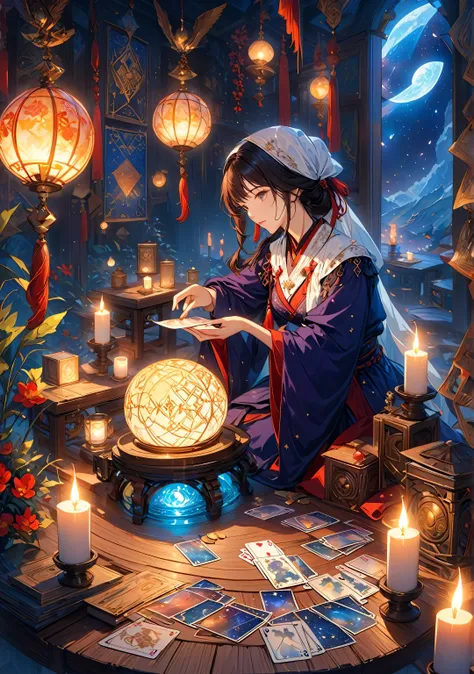 A beautiful and mysterious fortune teller in a compact and attractive setting. The fortune teller is wearing a cloak, have exquisitely detailed facial features. 

The scene is dim, Create an atmosphere of uncertainty and expectation. The fortune teller is ...