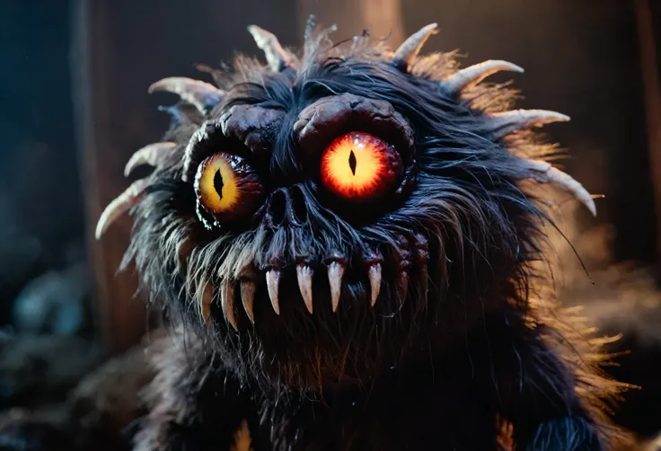 Horror-themed cinematic film still 3 d model of adorable evil scary fur monster with glowing eyes by alexander jansson : 1 | centered, rainbow colored fur, matte background : 0. 9 | by jim henson : 0. 7 | dave melvin : 0. 4 | unreal engine, deviantart, art...