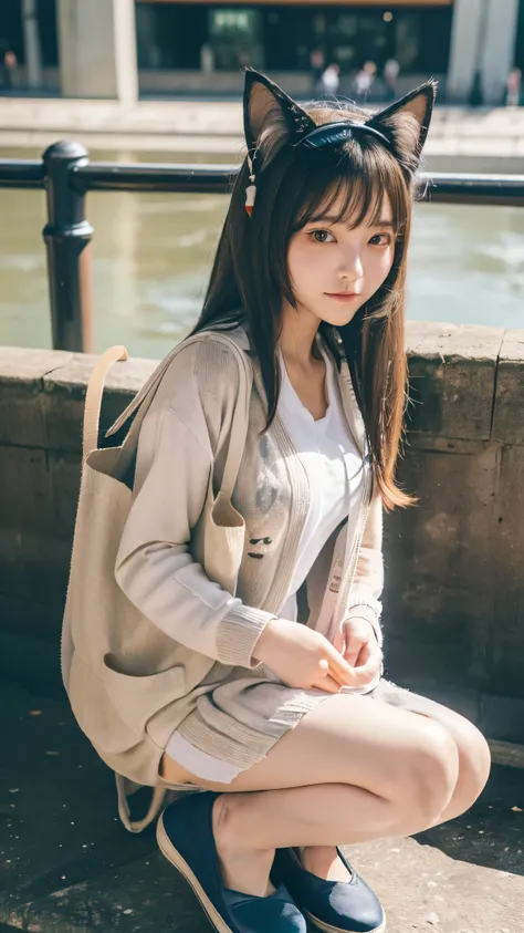 Masterpiece, 4k, Bokeh, beautiful face, (Japanese idle:1.6), (Long cardigan with a t-shirt dress and flats, Casual weekend background,  Canvas tote bag:1.4), (Cat ears:1.3), Sitting on From below, (London:1.5)