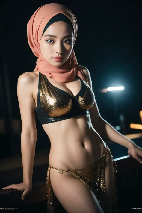 bellydancer, cyberpunk, javanese, (((hijabi))), cleavage, reflection light, chiaroscuro, depth of field, cinematic lighting, ray tracing, Sony FE GM, UHD, super detail, masterpiece, textured skin, high details, best quality, award winning，3D,hdr（HighDynami...