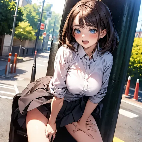 depicting a moment from manga for adults, ((standing and straddling to hit her crotch against the corner of the bollard, outdoor))), pleated skirt, blush, round face, eyes with realistic sizing, drooping eyes, blush, shame smile, spread legs, open mouth,