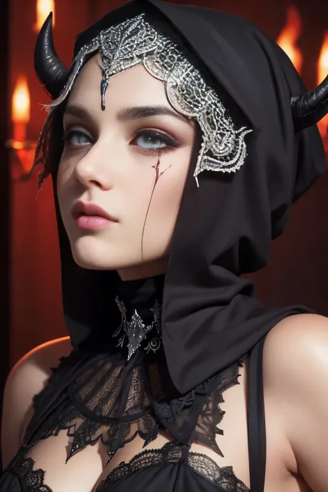 (satan), (satanist), (devil), (hell), cleavage, hijabi, Absurd, ultra-detailed, high quality, masterpiece, detailed face, beautiful eyes(detailed eyes)