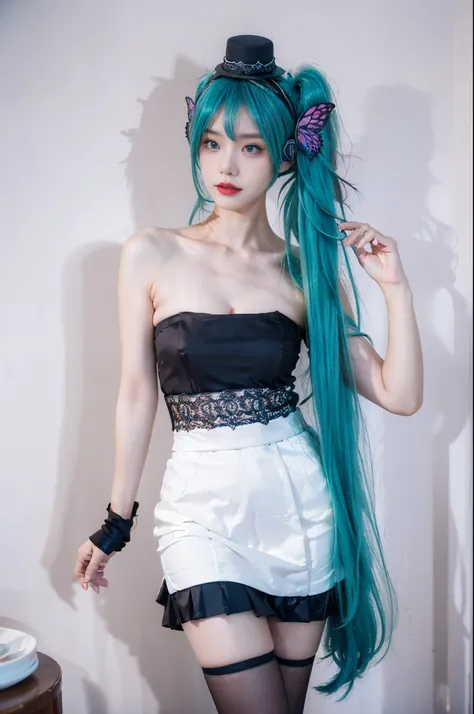 hatsune miku cosplay costume, hatsune miku, cosplay, twintails, aqua hair, very long hair, strapless dress, dress, fingerless gloves, mini hat, butterfly hair ornament, hair ornament, headphones, butterfly headphones, thighhighs, high heels beauty, beautif...