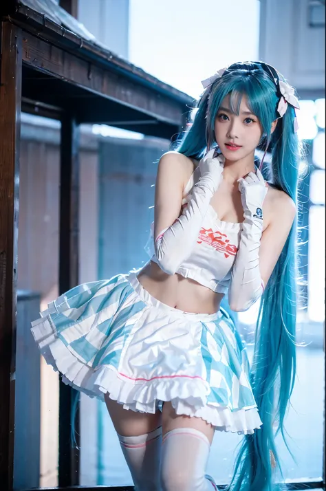 hatsune miku cosplay costume, hatsune miku, racing miku, cosplay, aqua hair, twintails, very long hair, crop top, checkered clot...