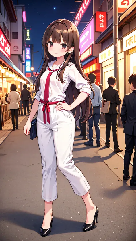 {Highest quality], [Super beautiful], [Ultra fine], [Best illustration], NSFW,Brown Hair, Hime cut, Long Hair, With bangs, girl,OL,WhiteＴshirt,Black long slacks,smile, blush, Slender women, Adult women,Strike a Pose,(Public),Night Park,Summer festival,diag...