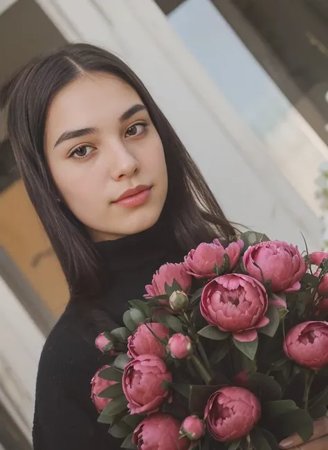 Girl with straight dark hair, holding a large bouquet of peonies in his hands