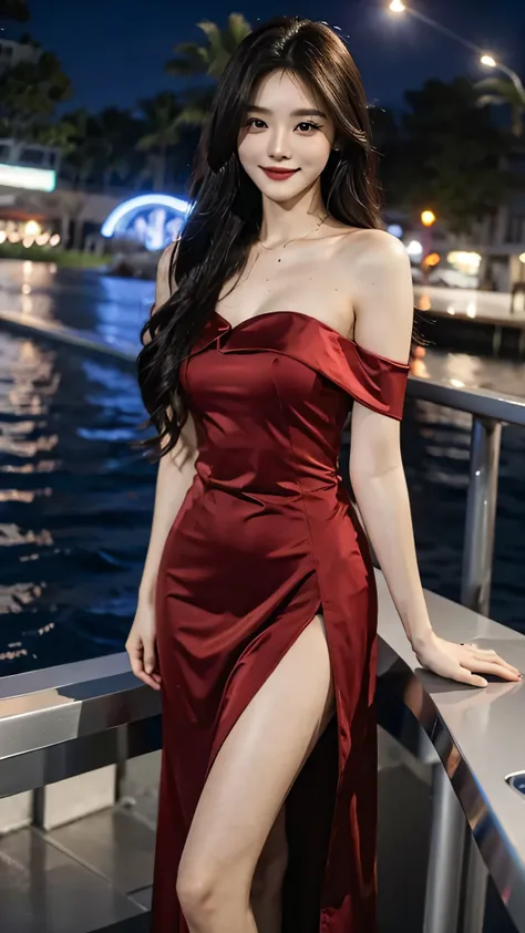 a sweet girl by the yatch，voluminous hair，delicate face，photorealsitic，of a real，largeaperture，wears a dark red dress，a cropped ...