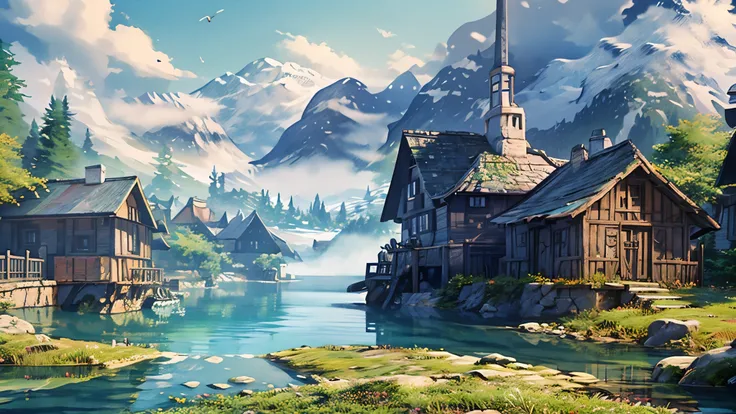 A futuristic city with flying cars and holographic displays, connected by spiral bridges over an ethereal ocean. The sky is a clear blue, and the buildings have metallic textures. In one corner of the scene, there is a large floating structure resembling t...