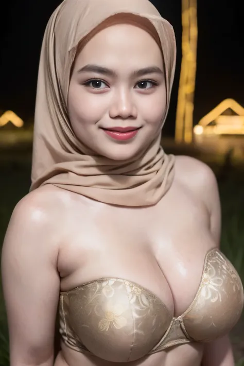 ((Lace)), (Happy smile), (((HIJAB MALAY GIRL))), masutepiece, High quality, UHD 32K, Realistic face, Realistic skin feeling , A Japanese Lady, 58 years old lady, , Very cute and baby-like face, (((FLAT CHEST))), (Night time at forest), ((look In front  at ...