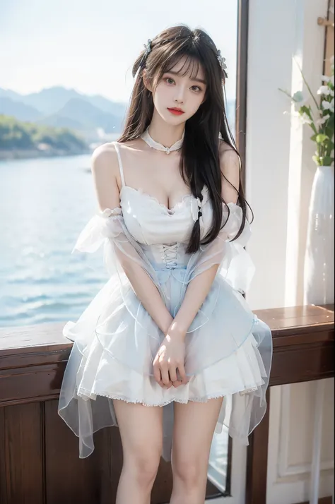 cyb dress, chinese clothes, detached collar, clothing cutout, wide sleeves, see-through sleeves, tassel, Beauty, 1girl,solo, beautiful女人，Have a perfect body：1.4，Layered Hairstyle，((Big breasts)), ((E cup)), Visible cleavage，Bare shoulders, Highly detailed ...