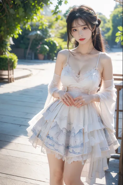 cns_dress, Beauty, 1girl,solo, beautiful女人，Have a perfect body：1.4，Layered Hairstyle，((Big breasts)), ((E cup)), Visible cleavage，Bare shoulders, Highly detailed face and skin texture，Double eyelids，Skin Whitening，Long hair，Whitening long legs，Standing by ...