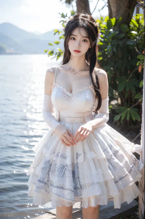 cns_dress, beauty, 1girl,solo, beautiful女人，have a perfect body：1.4，layered hairstyle，((big breasts)), ((e cup)), visible cleavag...