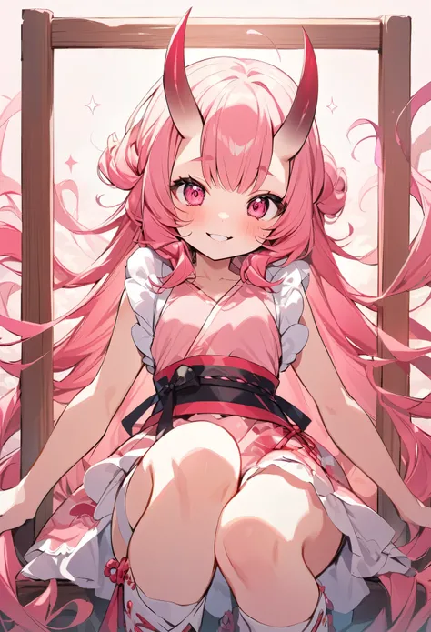 A close-up, frontal view of a cute and adorable pink oni girl, her youthful features framed by her distinctive, sharp horns. Her large, expressive eyes are drawn in a playful, slightly surprised shape, and they sparkle with mischief. Her smooth, rosy cheek...