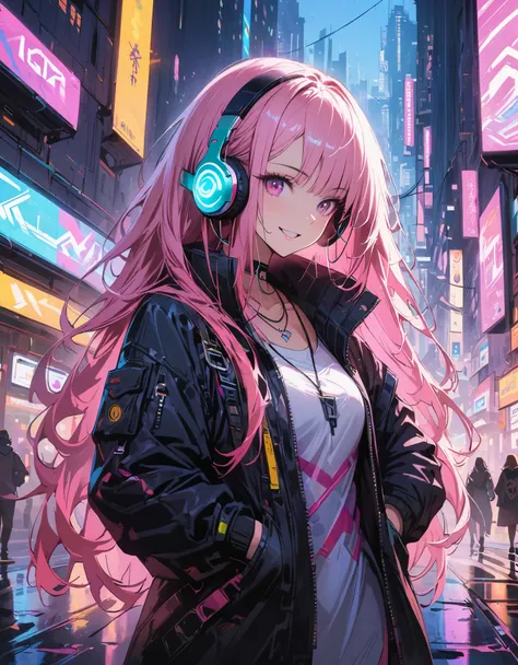 1girl,cyberpunk, chinese girl, translucent，wearing headphones，futuristic city, neon lights, high-tech, digital sky, large moon, ...