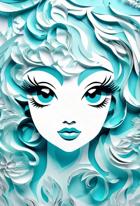 monochrome Tiffany Blue, Paper Cutouts, best quality, super fine, 16k, incredibly absurdres, extremely detailed, delicate and dynamic, cute girl portrait, three-dimensional effect expressed by light and shade, eye-catching effects, contemporary art, backgr...