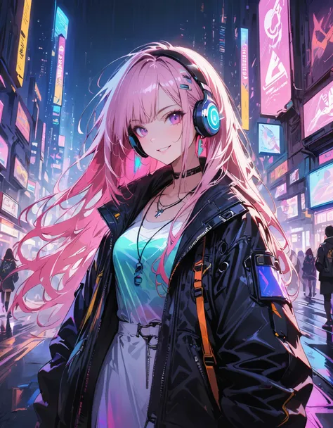 1girl,cyberpunk, chinese girl, translucent，wearing headphones，futuristic city, neon lights, high-tech, digital sky, large moon, ...