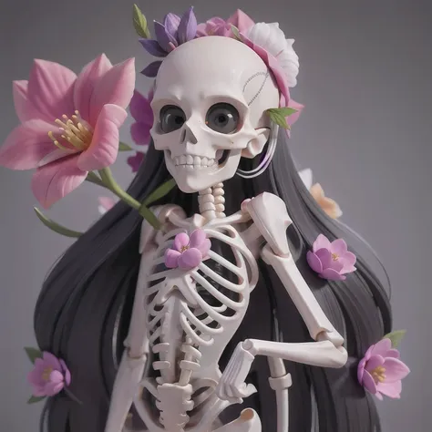 skeleton with flower in hair standing against grey background, anatomically correct skeleton, skeleton girl, skeleton, skelleton...