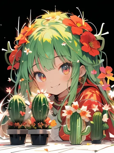 Masterpiece、smile、Anime Girls、Red Hair、Long Hair、可愛いAnime Girls、smile、(((Cactus flowers)))、たくさんのCactus flowers、Upper Body、Fractal Art、Gwaiz、garden