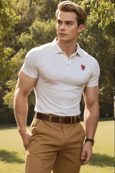 nicholas galitzine, ((wearing a tight (red) horse polo uniform shirt:1.2)), ((red horso polo unifrom shirt sleeves tight around ...