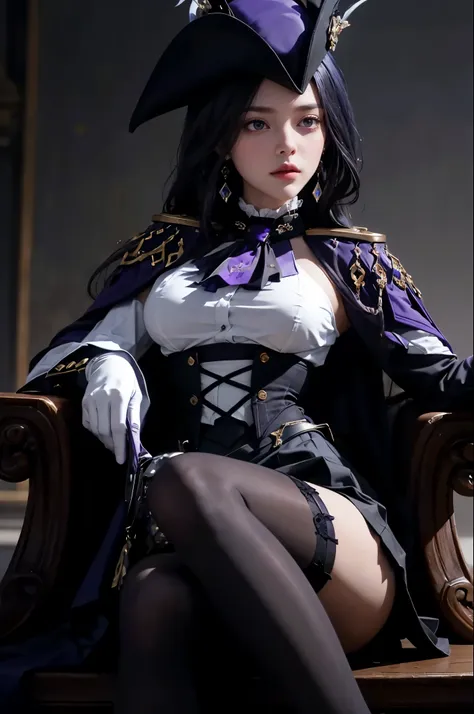 1girl, high res, highly detail, masterpiece, best quality, giclorinde, purple eyes, large breasts, hair between eyes, long hair, dark blue hair, earrings, black skirt, miniskirt, pantyhose, purple ascot, purple capelet, black corset, black pantyhose, black...