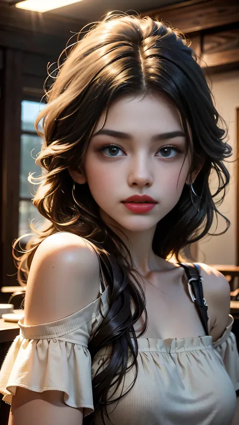 Best quality, masterpiece, ultra high res, (photorealistic: 1.4), raw photo, 1girl, off shoulder, cinematic lighting, kissing poses, heterochromia