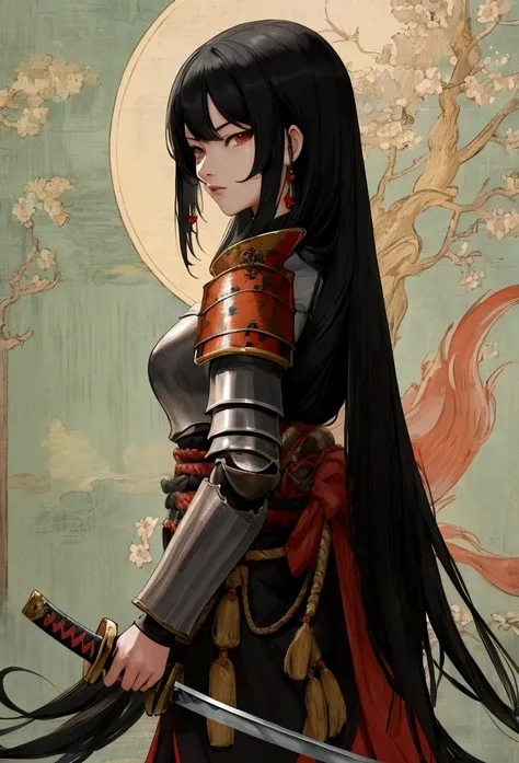a picture of Japanese female knight, she has long black hair, wearing samurai armor, armed with a katana, ready for battle, ((shot taken from the back)), Japanese fantasy art, (Masterpiece: 1.5), 16k, highres, best quality, high details, ultra detailed, ma...