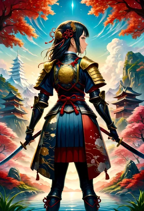 a picture of Japanese female knight, she has long black hair, wearing samurai armor, armed with a katana, ready for battle, ((shot taken from the back)), Japanese fantasy art, (Masterpiece: 1.5), 16k, highres, best quality, high details, ultra detailed, ma...