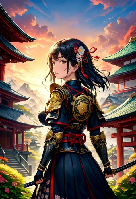 a picture of Japanese female knight, she has long black hair, wearing samurai armor, armed with a katana, ready for battle, ((shot taken from the back)), Japanese fantasy art, (Masterpiece: 1.5), 16k, highres, best quality, high details, ultra detailed, ma...