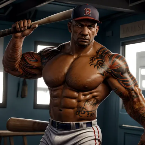 ultra realistic, unreal engine 5, batista, dark skin, muscular, pectoral, abs, tattoo, bald, beard, black eyes, (frown), topless male, baseball cap, baseball uniform, (baseball player batting), holding baseball bat,