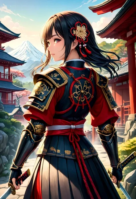 a picture of Japanese female knight, she has long black hair, wearing samurai armor, armed with a katana, ready for battle, ((shot taken from the back)), Japanese fantasy art, (Masterpiece: 1.5), 16k, highres, best quality, high details, ultra detailed, ma...