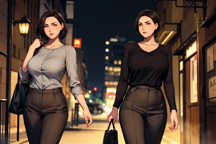 brown, neck length short haired, green eyed, round faced, narrow mouth, full lips, beautiful faced, serious looking, skinny lady is walking on a narrow and suspended secluded allaway in night, she wears grey sleeved armed shirt, grey trousers and dark brow...