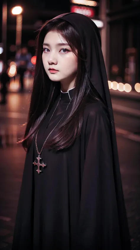 1 Same Girl , Perfect Beautiful , Baby Face , Korean 18 Years Old , Medium Hair , Black Gothic Nun Dress , Athletic Body , Extreme Detailed Portrait With Bokeh Effect , Realistic Lighting , Night Street View , Dark Vibe , Crowd , Gothic Makeup , Gothic Tat...