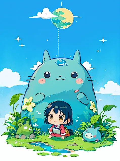 Fujio Akatsuka style、Kawaii Design, most beautiful girl ever、Chibi, (((expedition)))、Totoro, Blue Earth