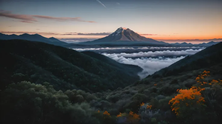 with blue misty mysterious mountains in the distance and an orange pastel sky. Distant blue mountains