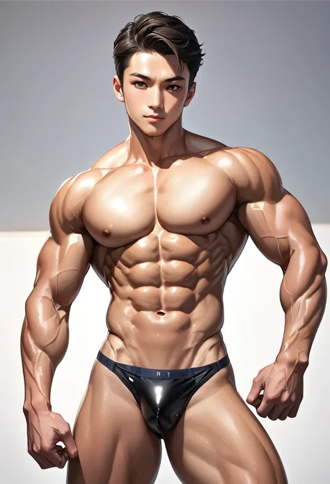 (best quality), Realistic, flexing, 14 year old Japanese idol body builder boy,  (abs:1.4), black short hair, shiny skin, (detailed brown eyes:1.1), (smile:0.8), (black tiny thong), bulge, puffy nipples, detailed areola,　